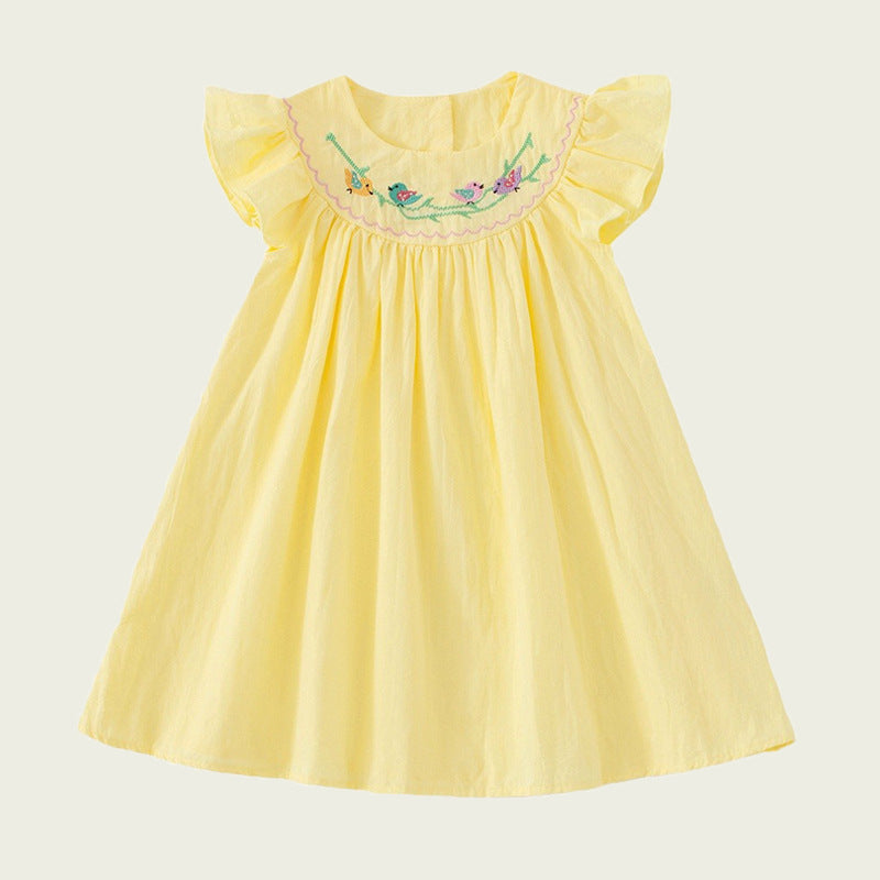 Summer Baby Kids Girls Sleeveless Birds Embroidery Yellow Dress-0